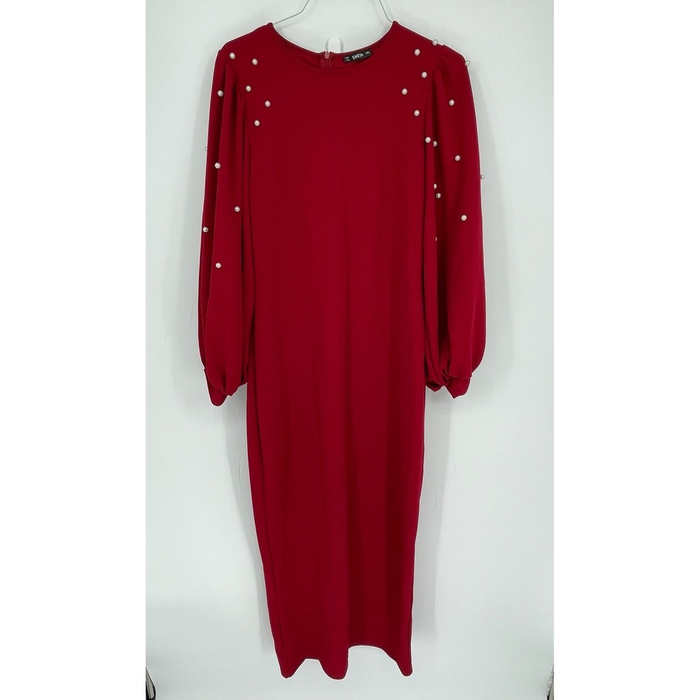 SHEIN Women's Red Faux Pearl Puff Bishop Sleeve Holiday Midi Dress Plus Size 1XL